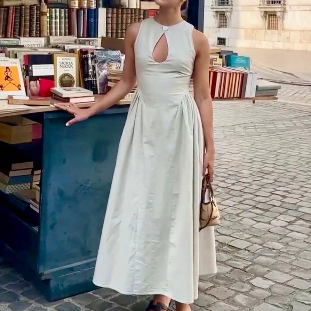 Cotton & Linen Pleated Cutout Long Dress